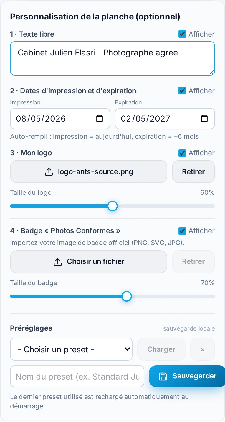 Panneau de personnalisation de la planche : champ de texte libre, dates d'impression et d'expiration auto-remplies, import de logo, import de badge de conformité, réglages de taille et préréglages réutilisables