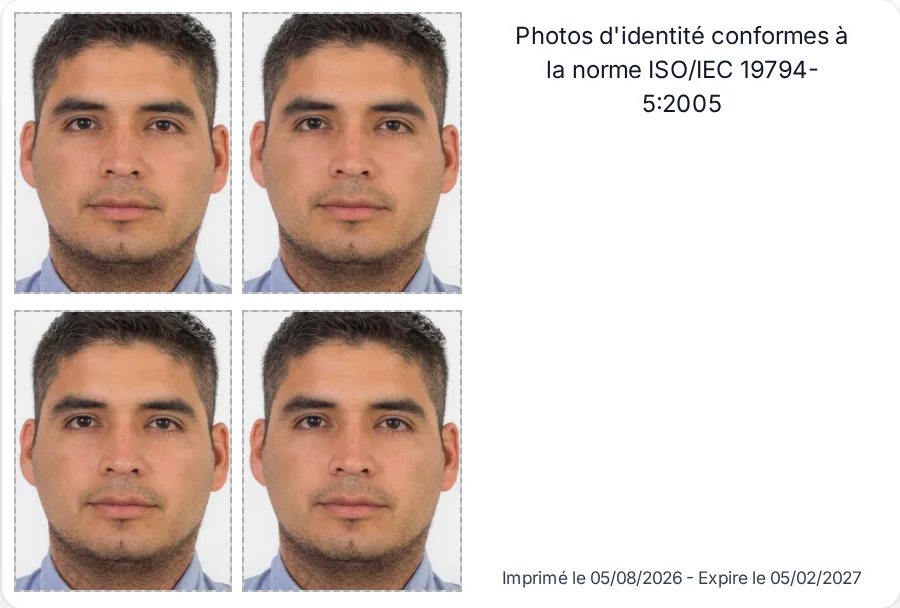 Planche de 4 photos d'identité conformes au format 10x15 cm (visage de démonstration libre de droits)